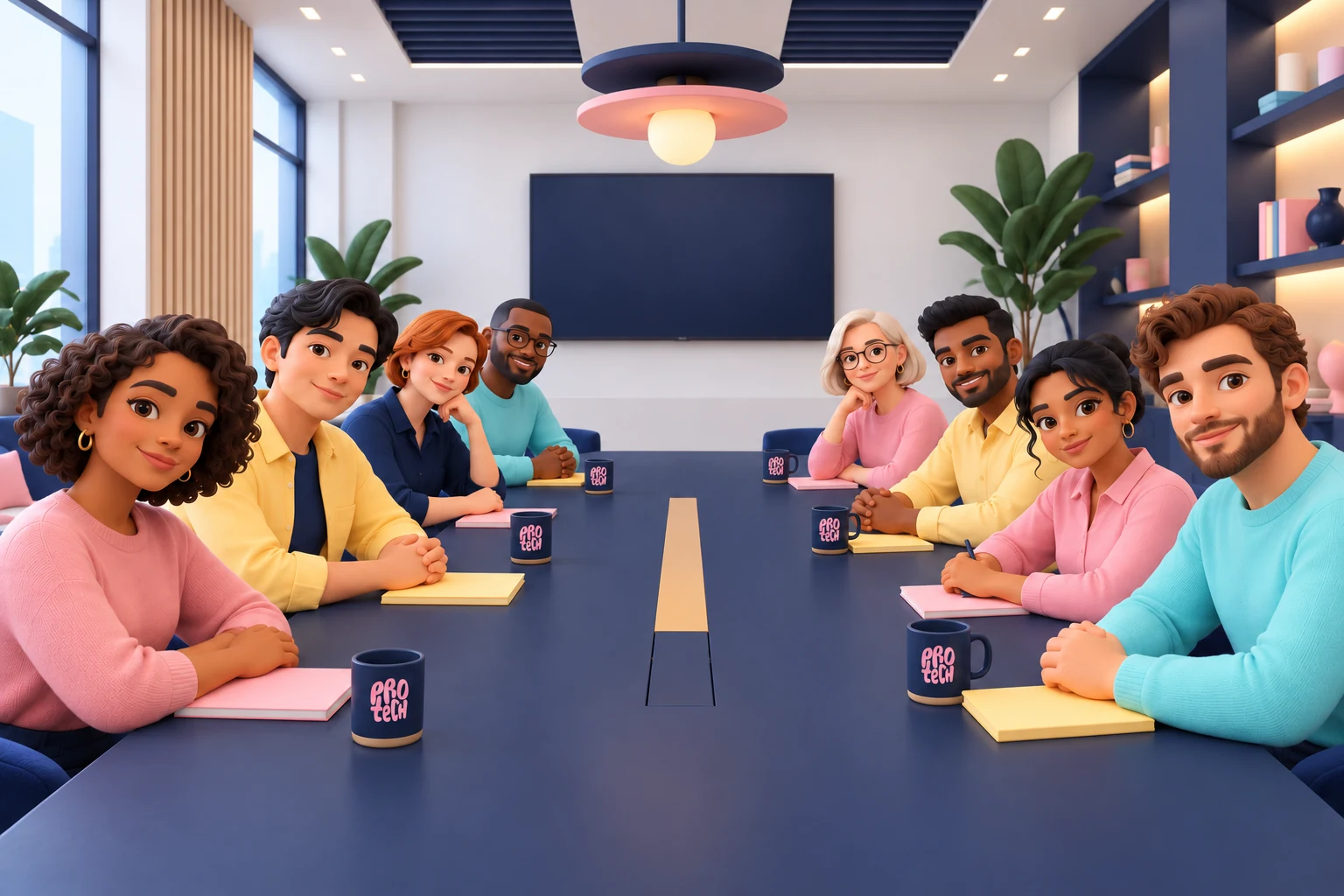 Eight illustrated colleagues sitting around the ProTech boardroom table.